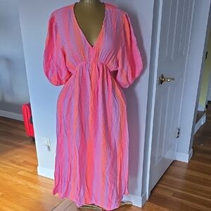 Pink & Coral Stripe V-Neck Women’s Maxi Dress